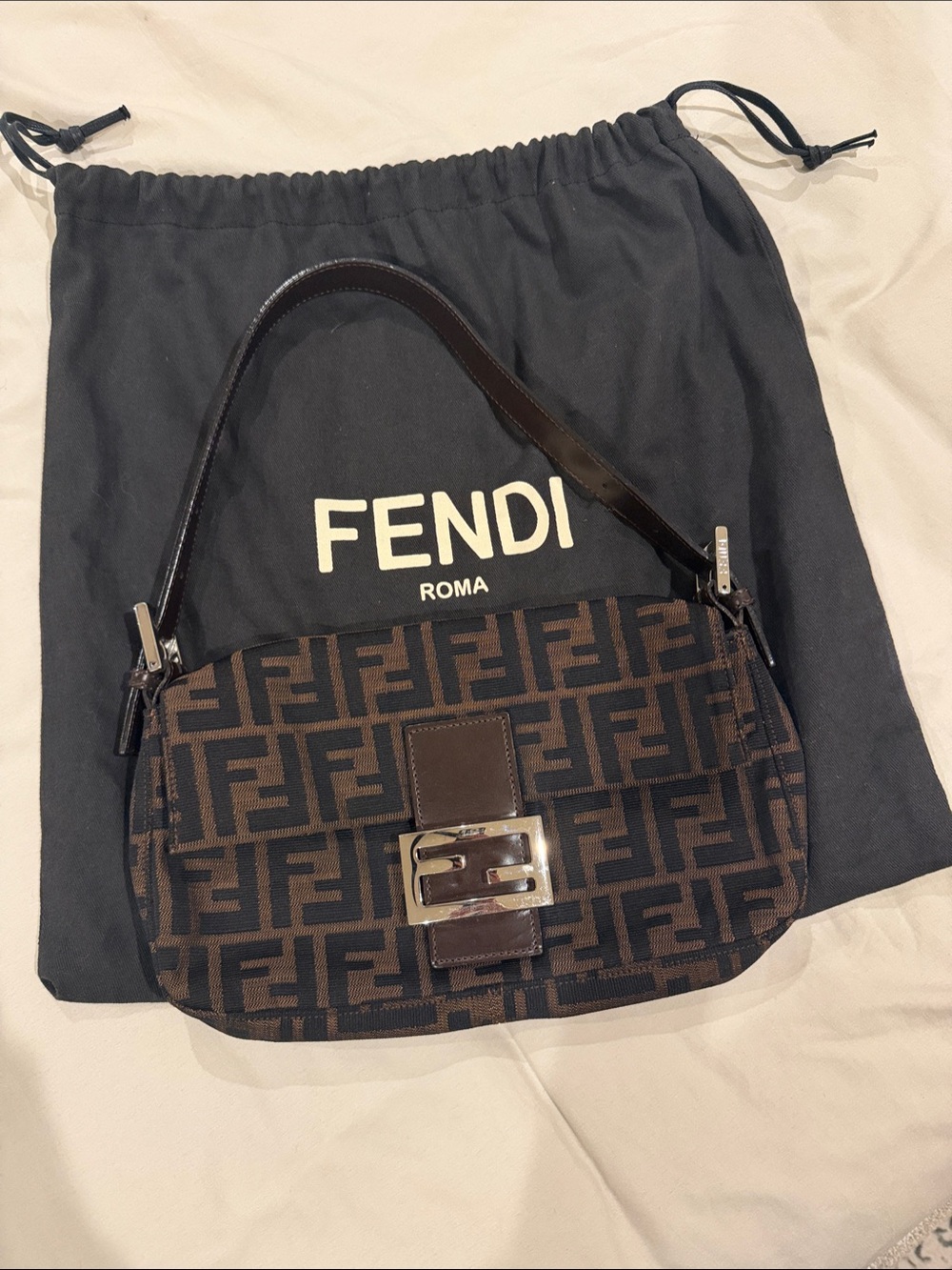Fendi Brown FF Logo Canvas Baguette Shoulder Bag